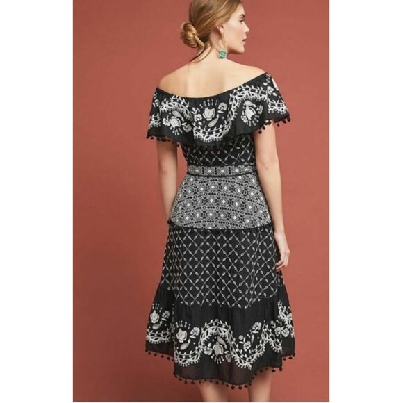 by Anthropologie Marisol Off-Shoulder Embroidered Midi Dress Black Fit & Flare 6 - Picture 6 of 16